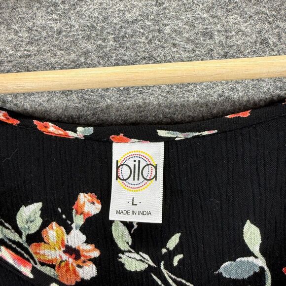 Bila Dress Women L Large Black Floral Shift Midi V-Neck Sleeveless Rayon Casual - Picture 3 of 7